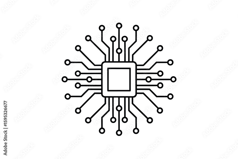 Poster minimalist line art illustration of a microchip representing technology artificial intelligence and 