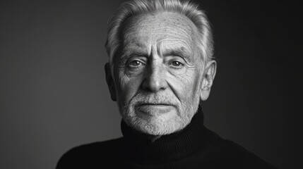 Obraz premium A man with a white beard and gray hair is wearing a black sweater and a black shirt. He is looking at the camera with a serious expression