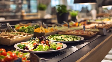Obraz premium Vibrant Cafeteria Self-Service Buffet Featuring Freshly Prepared Salads and Delicious Food for a Lively Dining Experience