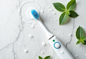 Electric toothbrush surrounded by water splashes and mint leaves, emphasizing fresh breath and cleanliness 