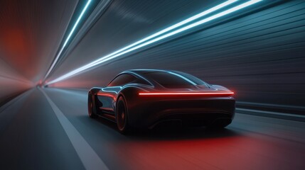 Futuristic electric car in high-speed tunnel with neon lights