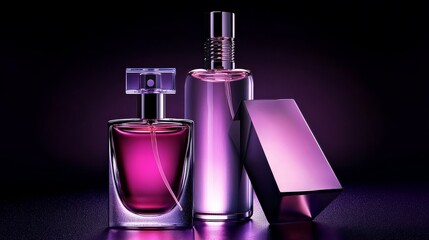 Elegant perfume and lotion bottles presented against a dark background.
