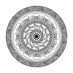Intricate black and white circular mandala design with detailed patterns