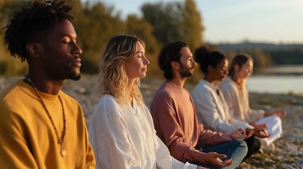 Group meditation practice at sunset by a peaceful riverside location surrounded by nature for mindfulness and relaxation