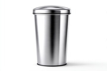 Polished stainless steel cylindrical trash receptacle.