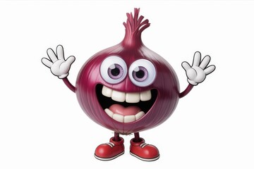 A happy red onion cartoon character waving its hands isolated on white background