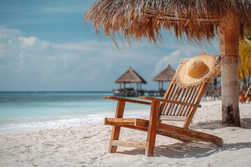 Relaxing on the Shore: Seaside Lounger with Straw Hat for Ultimate Beach Escape