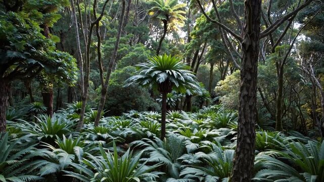 Lush Backdrop of Native Bush Foliage Featuring Nikau Palms and Pungas