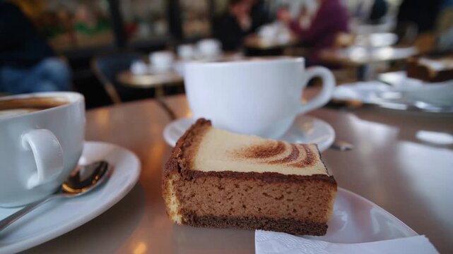 Sidewalk Cafe in European City Serving Coffee and Delicious Cheesecake