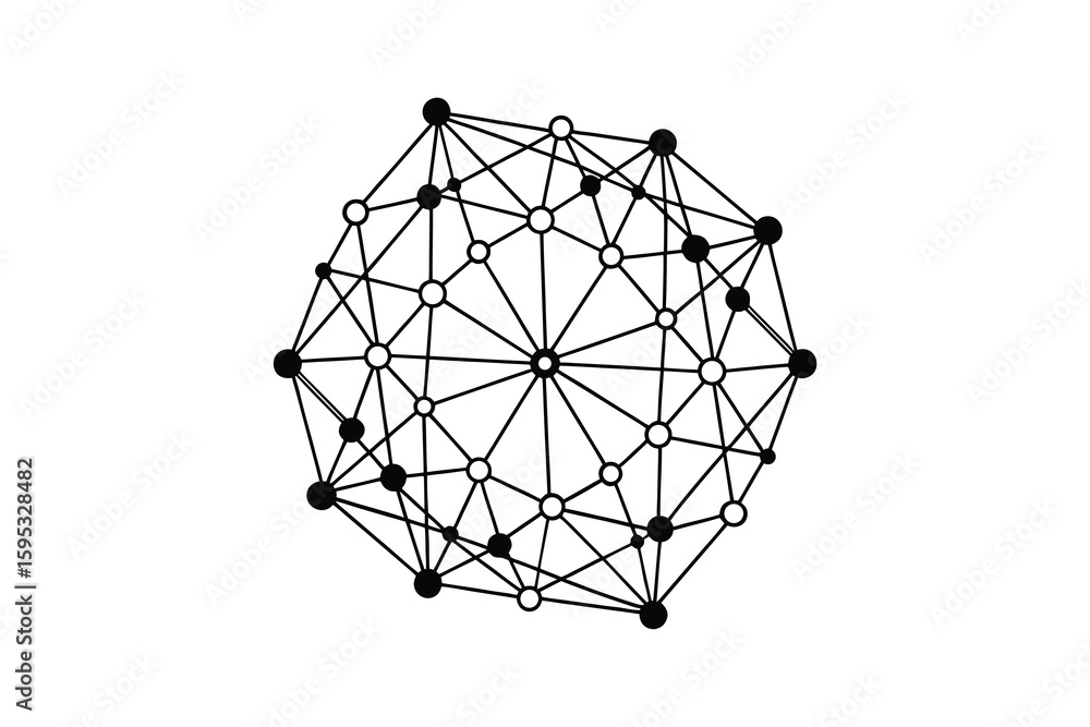 Poster complex network of interconnected nodes with black and white points representing a graph connection 
