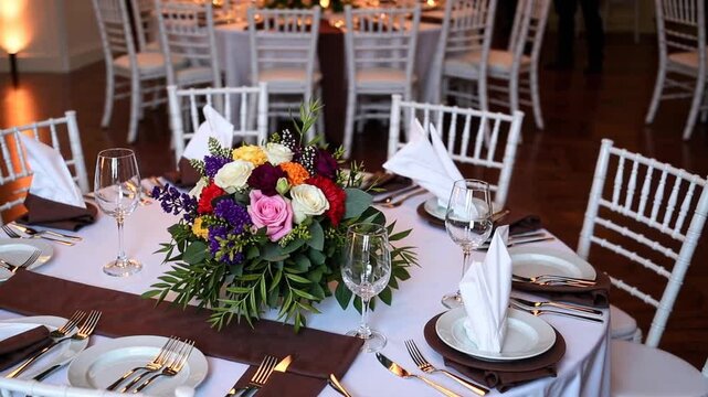 Elegant Wedding Reception Table Setup with White Linens and Floral Centerpiece Decorations