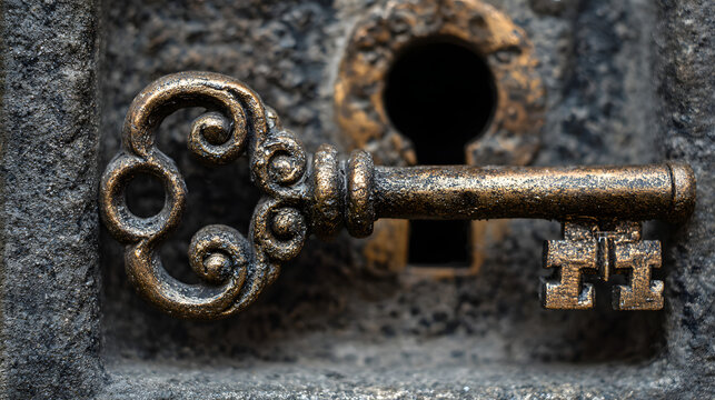 Old key in keyhole, macro shot. Gothic style. Key to knowledge. Concept and Idea for History, education, business, security, secret background.