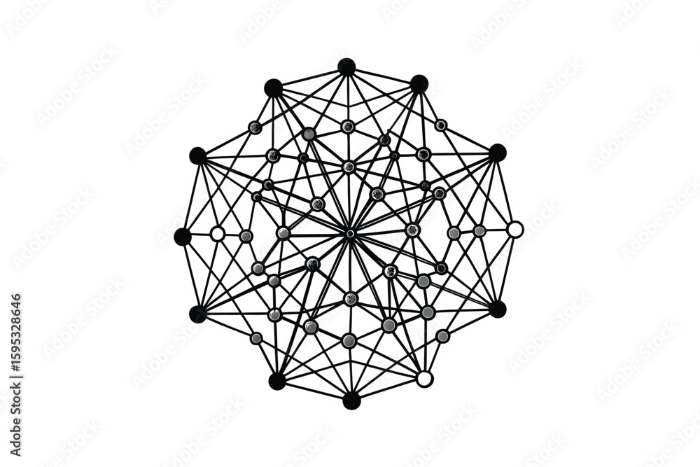 Poster complex network of interconnected nodes with varying shades of gray representing a conceptual system