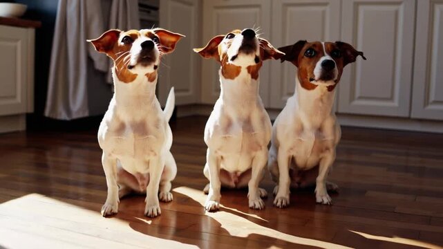 Trio of well-trained canines eagerly clearing space in anticipation of mealtime, featuring Jack Russell Terrier.