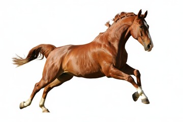 A powerful brown horse galloping at full speed isolated on white background