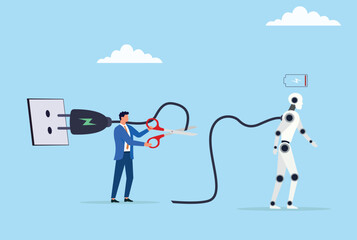 Vector illustration of a businessman cutting a robot’s charging cable with scissors, symbolizing human pushback against automation and efforts to regain control over technology

