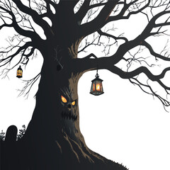 A spooky tree with bare branches, hanging lanterns, and hidden ghost faces in bark.