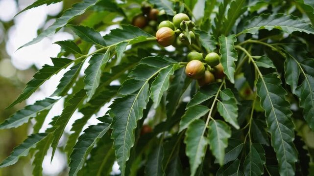 Close-Up of Medicinal Neem Leaves and Fruits with Natural Healing Properties