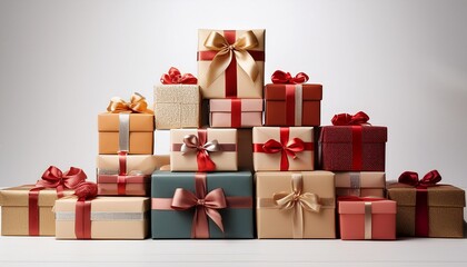 wrapped gift boxes stacked with bows on white background