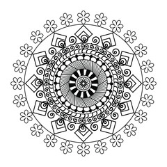 Intricate black and white circular mandala design with floral elements