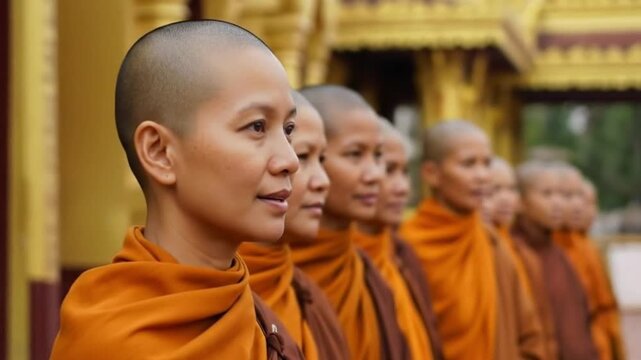 Quiet and peaceful Buddhist nuns in orange robes looking forward, reciting a mantra, against a golden temple backdrop.