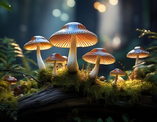 Fototapeta premium striped mushrooms perched on a mossy branch glowing faintly in a serene light filled forest scene