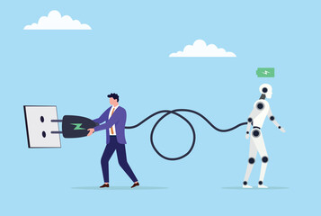 Vector illustration of a businessman charging a robot, symbolizing the vital connection and collaboration between human initiative and technological advancement
