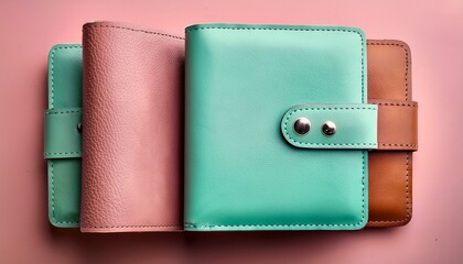 vibrant leather wallets with minimalist designs on soft pastel pink and mint green backgrounds