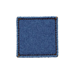 a blue denim patch with a textured weave design and visible stitching along its edges, suggesting a...