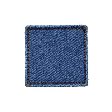 a blue denim patch with a textured weave design and visible stitching along its edges, suggesting a worn or distressed look