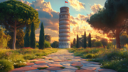 Majestic Leaning Tower of Pisa at Sunset with Cobblestone Path