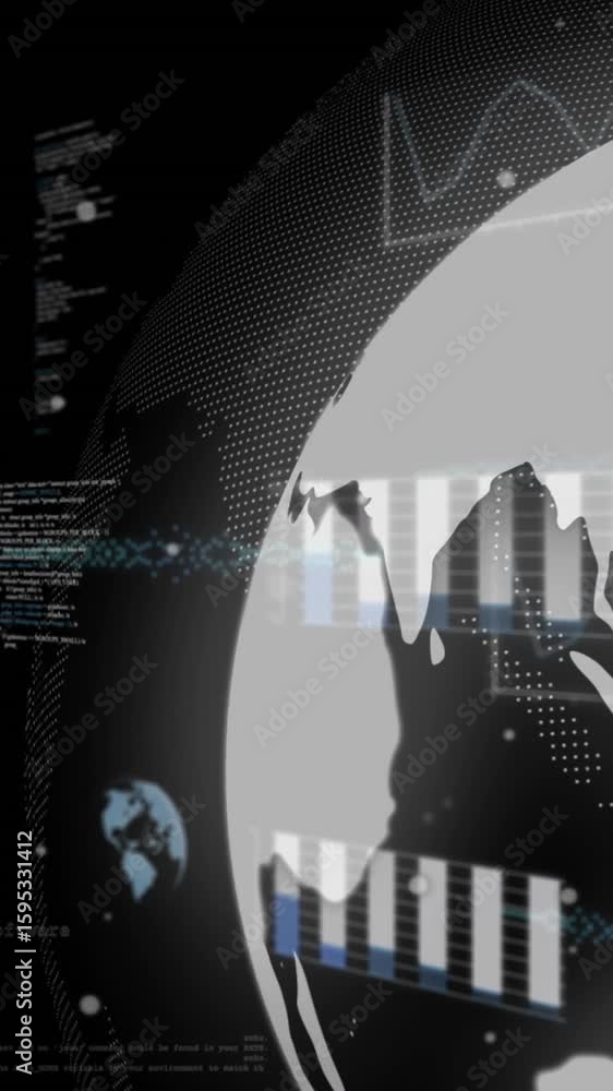 Poster animation of financial data processing over globe on black background