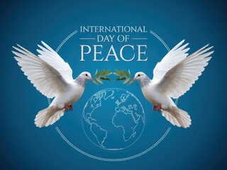 Two white doves carrying an olive branch over a globe for international day of peace