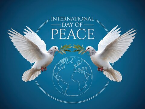 Two white doves carrying an olive branch over a globe for international day of peace