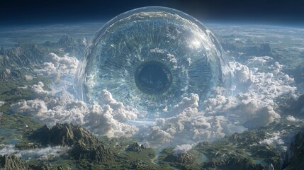 Giant Eye Sphere in Mountainous Landscape