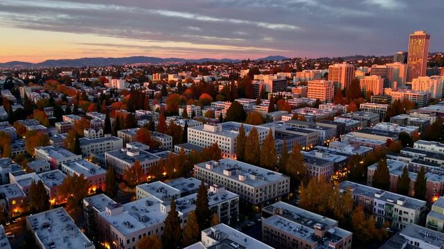 Elevated View of an Urban Center at Dusk During the Golden Hour, with Hills in the Background, in Autumn