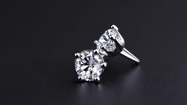 Pair of elegant silver diamond stud earrings displayed on sleek black background