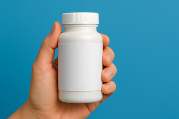 A hand holds a white medicine bottle with a blank label against a bright blue background, symbolizing healthcare, medication, and pharmaceutical packaging.