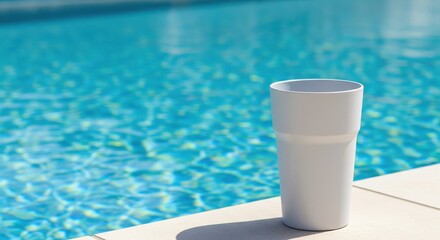 Naklejka premium White plastic cup on edge of blue swimming pool with water reflections