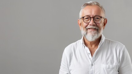 Fototapeta premium An elderly man in a shirt against a gray wall. The man smiles and laughs.