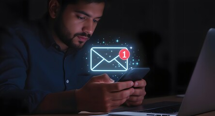 Businessman using email marketing tools on laptop and smartphone, sending newsletters and analyzing campaign performance to engage subscribers and grow business through personalized content 