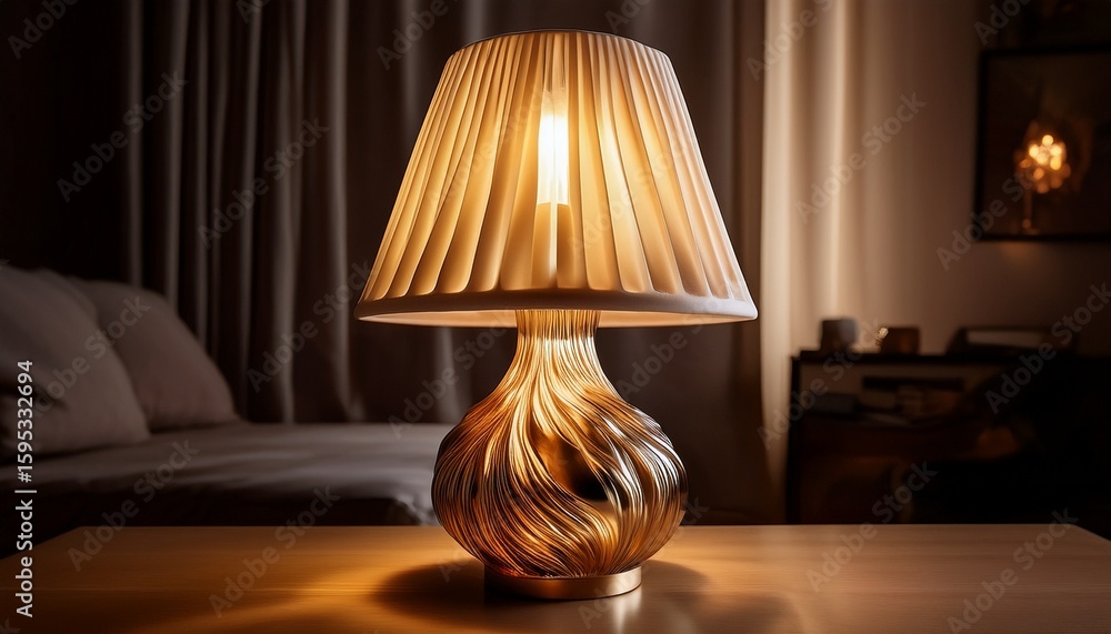 Poster a designer table lamp with a sculpted base and silk shade emphasizing its sophisticated form and sof