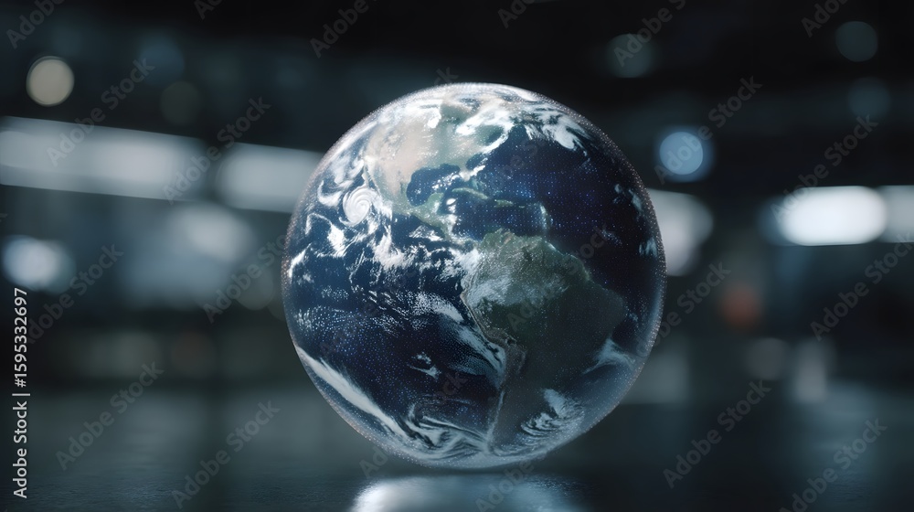 Poster digital globe displaying real time climate data in a research center setting