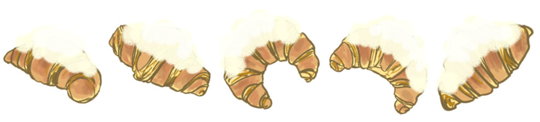 Hand-drawn Sweet Icing Croissant Clipart Set in Soft Pastel Style for Cafe Menu, Bakery Decoration, or Cozy Morning Projects