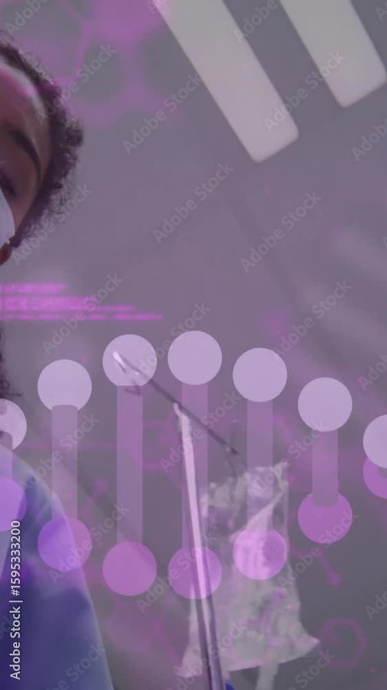 Poster animation of dna strand and data processing over diverse doctors with face masks