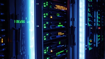 Dark data center illuminated by blue neon lights, showcasing rows of operational server racks for modern computing - Powered by Adobe