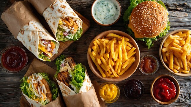 An overhead shot of various fast food items arranged on a wooden table for National Fast Food Day including wraps fries burgers and dipping sauces natural daylight real photo stock photography