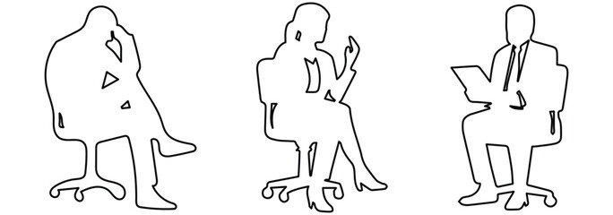 Set of silhouettes of people sitting in chairs and couches. Scene is relaxed and casual. Silhouettes of men in business suits seated in various pose. Business people in meeting silhouette eps 10 