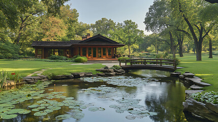Fototapeta premium Serene Lakeside Bungalow Retreat Tranquil Pond, Japanese Bridge, and Lush Green Landscape