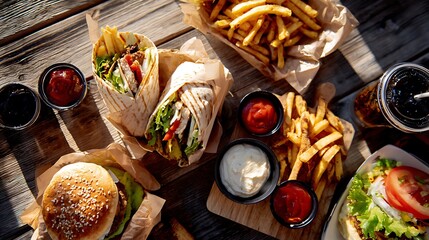 An overhead shot of various fast food items arranged on a wooden table for National Fast Food Day including wraps fries burgers and dipping sauces natural daylight real photo stock photography